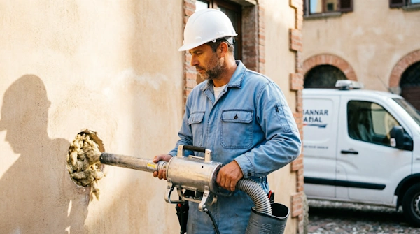 ITALGROUP - Tecnico specializzato esegue l'insufflaggio dall'esterno di un edificio residenziale